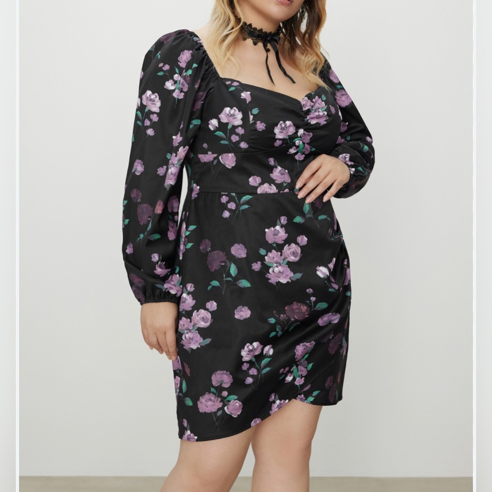 Floral Square Neck Short Cider Dress Curves & Plus Size 1XL Ballon Sleeves
